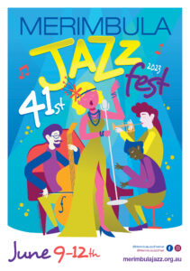 Merimbula Jazz Festival poster 2023 showing female vocalist, older cellist, female trumpeter and dark skinned pianist