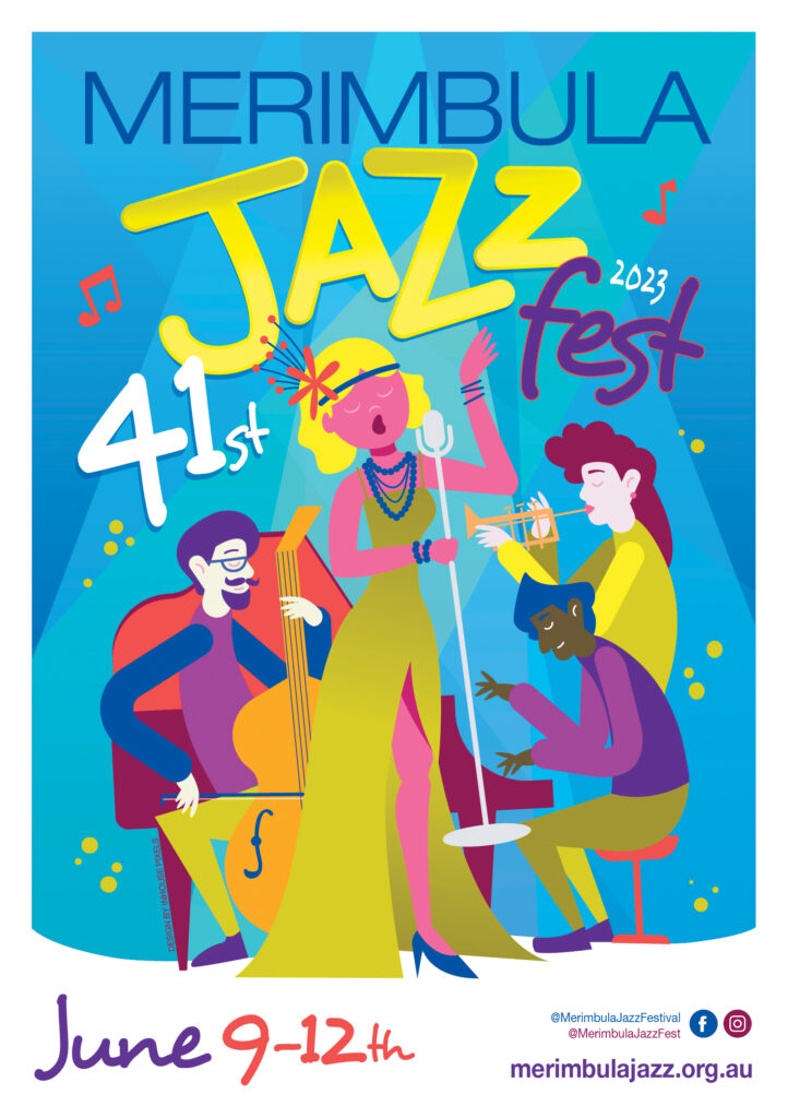 Merimbula Jazz Festival poster 2023 showing female vocalist, older cellist, female trumpeter and dark skinned pianist